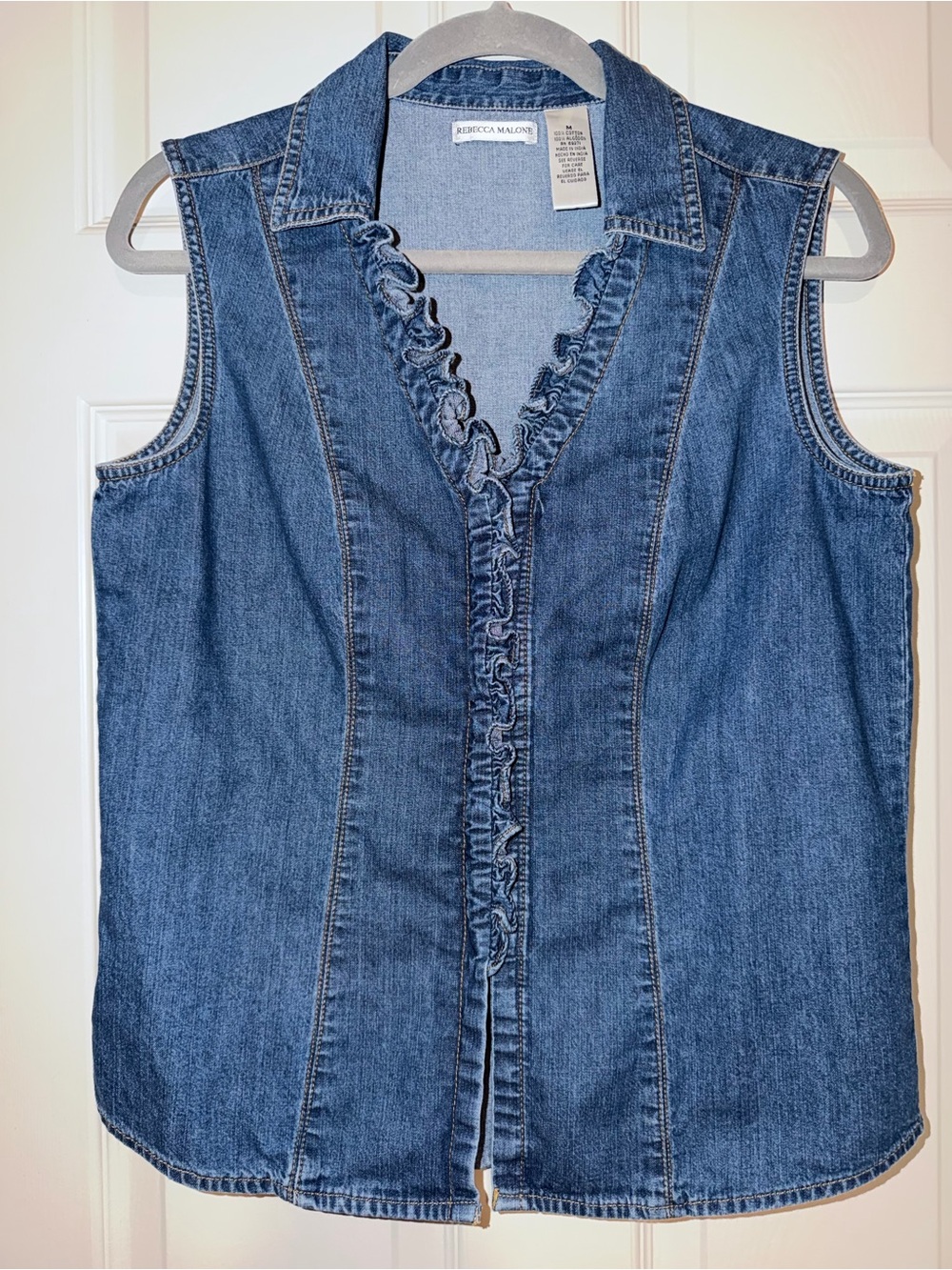 Rebecca Malone Vintage Y2K Cottagecore Ruffled Light Blue Denim Vest